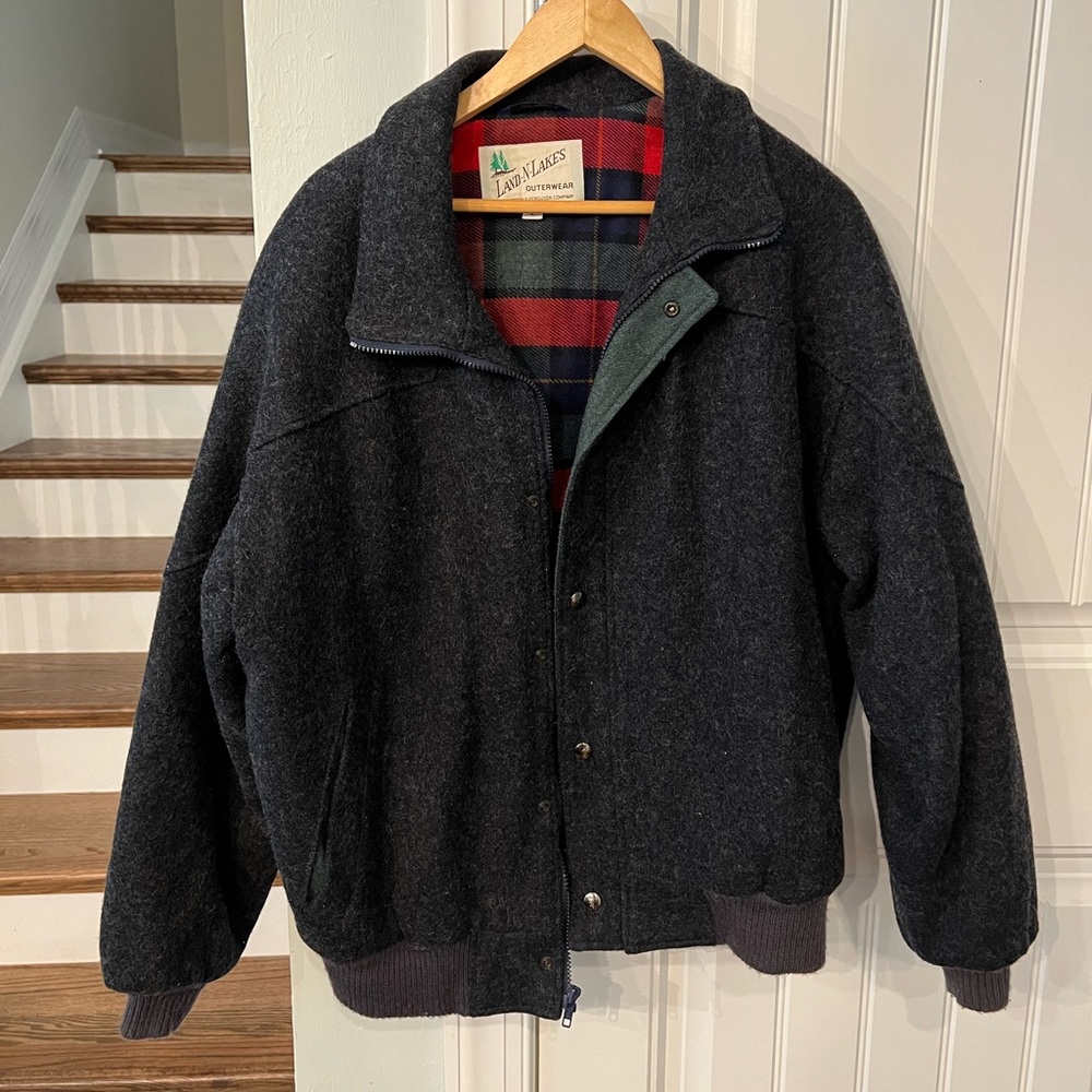 Vintage Land N Lakes Wool Jacket Large Made in USA Plaid Lining Gray Bomber Coat